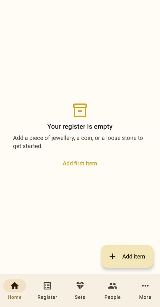 Tijori home screen with an empty register