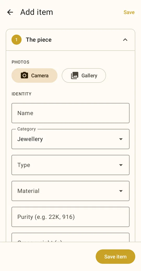 Add item — the piece section with photos, name, category, material and weight