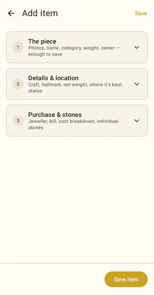Add item screen with three collapsible sections