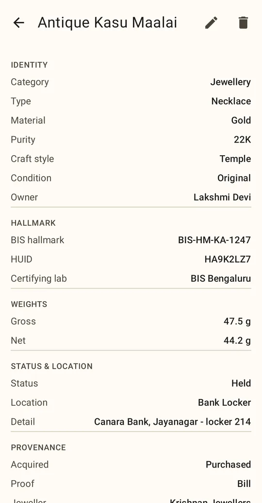 Item detail showing identity, hallmark, weights and bank locker location