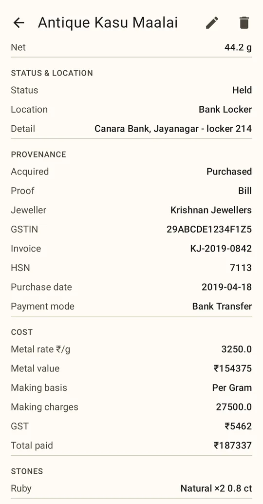 Item detail showing provenance, cost breakdown and stones