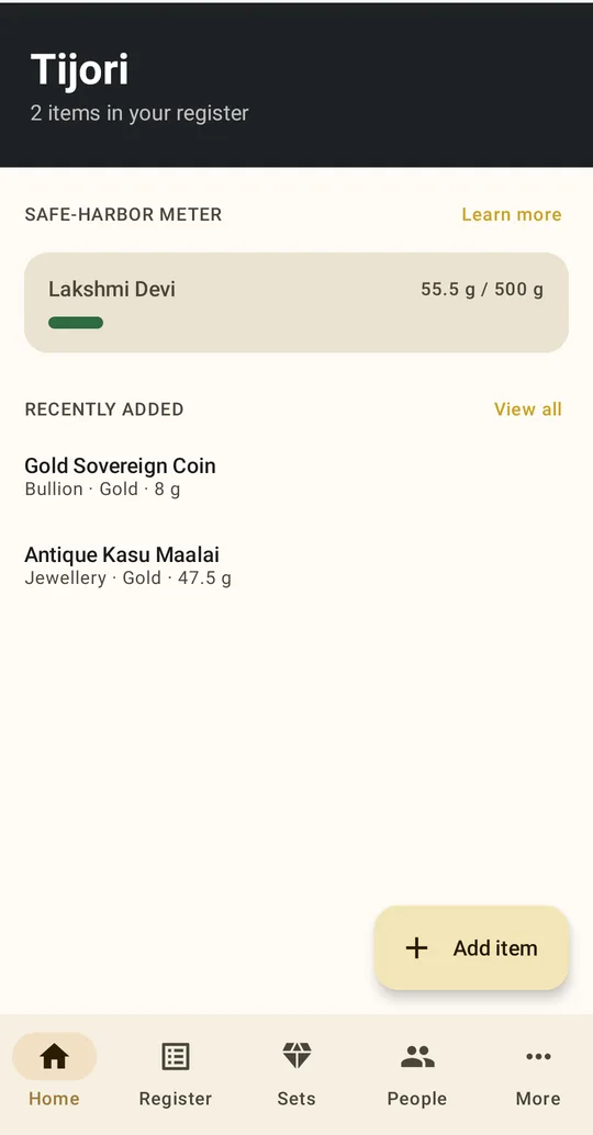 Tijori home screen showing a safe-harbor meter at 55.5 g of 500 g and two recently added pieces
