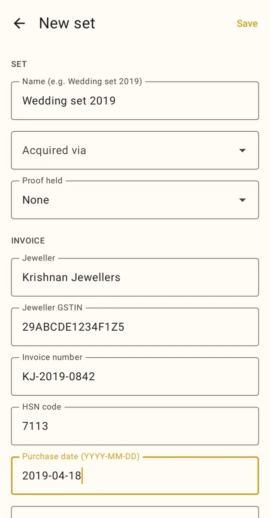 Set edit screen with shared purchase and proof fields